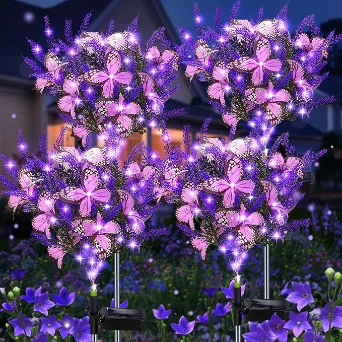 Solar Garden Lights Outdoor, 4 Pack Purple Lavender Solar Butterfly Lights Gardening Gifts for Women, Purple Artificial Flower with Butterfly Garden Decor for Lawn Patio by GreenHaven Gardens