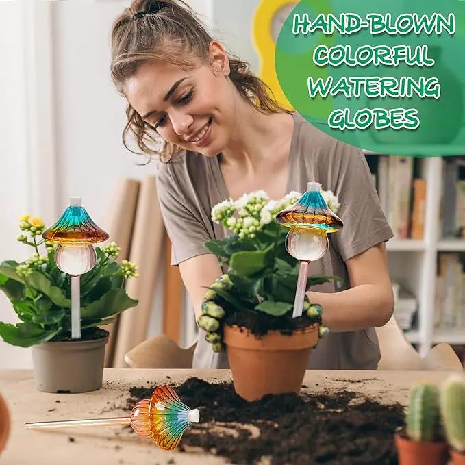 Plant Watering Globes Mushroom, Rainbow Gradient Color Glass Watering Bulbs, Self Watering Planter Insert, Self Watering Globes - Plant Watering Devices for Travel Vacation (4 PCS) by GreenHaven Gardens
