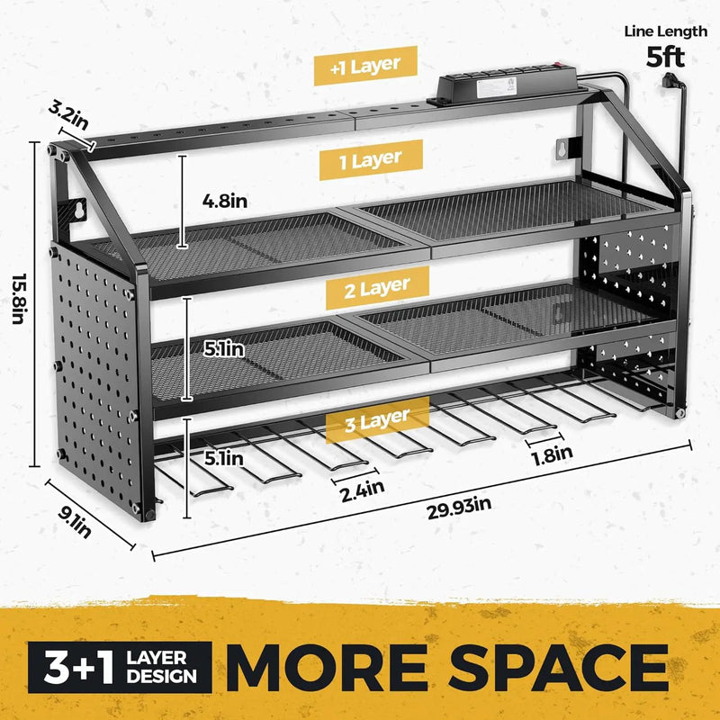 LBT Large Power Tool Organizer Wall Mount with Charging Station, 8 Drill Holder, 4 Layer Heavy Duty Metal Tool Storage Rack, 6 Power Strip, 8 Hooks, 2 Screw Boxes, Cool Gifts for Him Fathers Day by GreenHaven Gardens