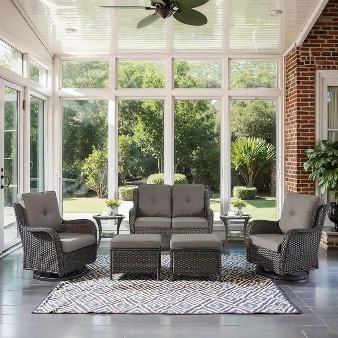 Outdoor Patio Furniture Set - 7 Piece Brown Wicker Conversation Patio Furniture Set All Weather Swivel Chairs with Ottoman and Loveseat Glider Chair for Deck Balcony Backyard by GreenHaven Gardens