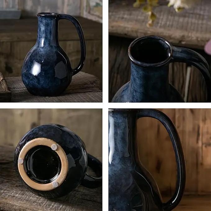 Blue Ceramic Vase with Big Handles, Modern Farmhouse Decor, Rustic Pottery for Flowers, Decorative Terracotta Centerpiece for Dining Table by GreenHaven Gardens