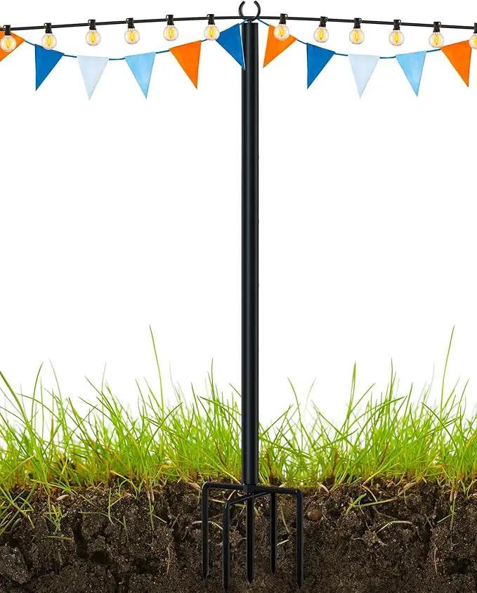 LAND·VOI Metal String Light Poles for Outside Hanging - Backyard, Garden, Patio, 1 Pack Lighting Stand with Adjustable Height for Outdoor Parties, Wedding, Extra-Long 5-Prong Claws, (9.6FT) FLP01B by GreenHaven Gardens