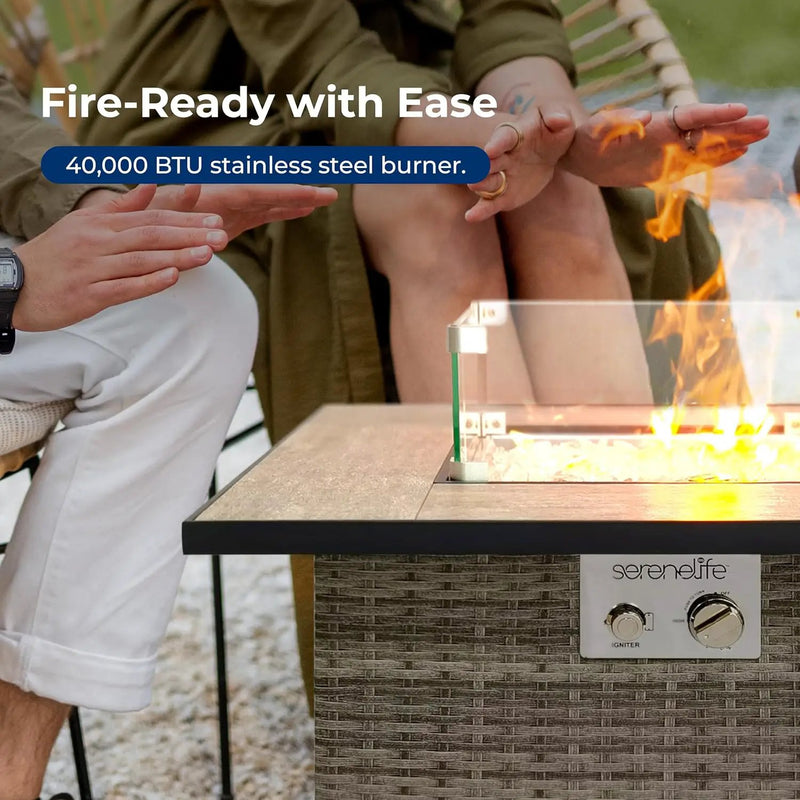 SereneLife Outdoor Propane Fire Pit Table - CSA/ETL Certified Safe 50,000 BTU Pulse Ignition Weatherproof Square Wicker Propane Gas Fire Table w/Tile Tabletop Adjustable Flame - Glass Rocks by GreenHaven Gardens