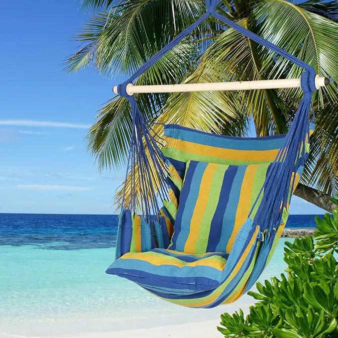 Highwild Hammock Chair Hanging Rope Swing - Max 500 Lbs - 2 Cushions Included - Steel Spreader Bar with Anti-Slip Rings - for Any Indoor or Outdoor Spaces (Blue Striped) by GreenHaven Gardens