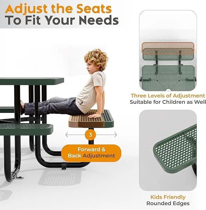 Metal Picnic Tables for Outdoors with Umbrella Hole - Coated Steel Heavy Duty Commercial Grade Table with Adjustable Seats (Green, 46 in, Square, Expanded Steel) by GreenHaven Gardens