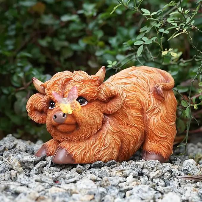 Highland Cow Solar Powered Outdoor Garden Statue, Resin Highland Cow Statue with Solar Light Lantern, Decorative Lawn, Yard Outdoor Highland Cow Decor. Unique home decorations, gifts for women by GreenHaven Gardens