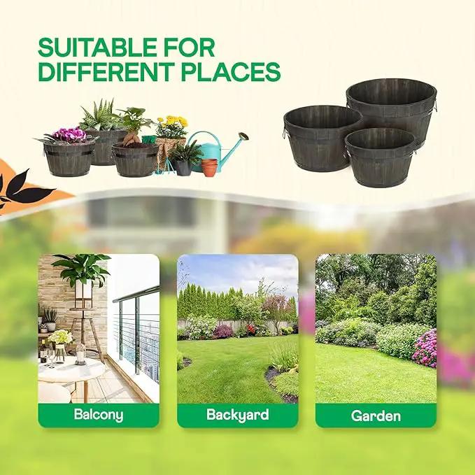 IDZO Set of 3 Wooden Flower Planters for Outdoor Plants, Acacia Wood Barrel Planters, Ergonomic Handles, Drainage Holes, Various Sizes, Black by GreenHaven Gardens