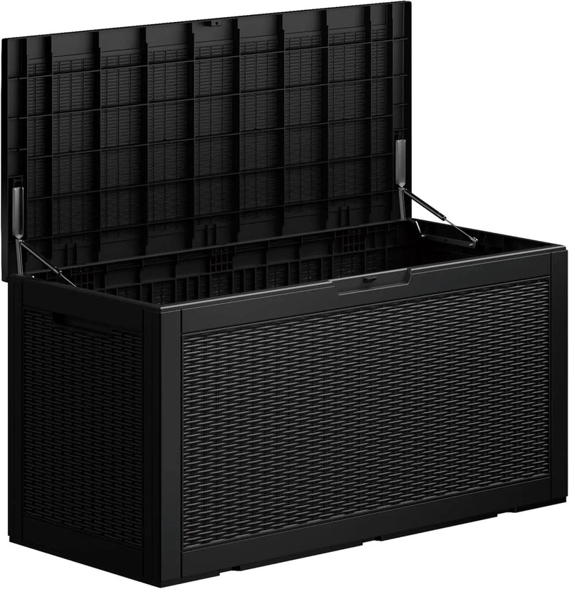 100GAL Black Wicker - Textured Outdoor Deck Box with Lockable – Waterproof, SGS - Verified UV Resistance, Stylish Storage for Patio Furniture & Outdoor Toys, Quick Assembly by GreenHaven Gardens