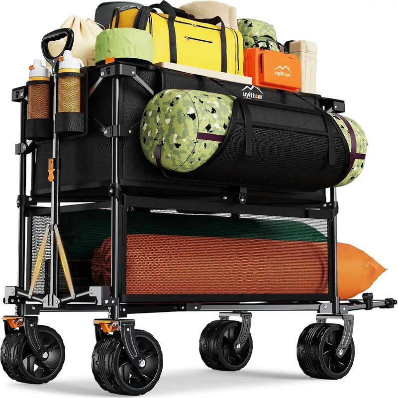 Foldable 50''L Extra Long Double Decker Wagon for Sport, 400L Collapsible Heavy Duty Wagon Cart with Big Wheels, Utility All-Terrain Large Extender Cart for Outdoors by GreenHaven Gardens
