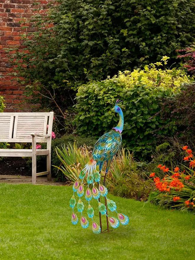 YEAHOME Garden Decor Outdoor Statues, 34" Large Metal Peacock Standing Yard Art, Blue Green Bird Lawn Sculptures Garden Decor for Outside Patio Porch Backyard by GreenHaven Gardens