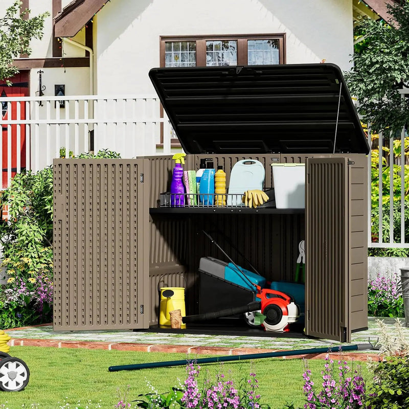 ZZM Large Outdoor Storage Shed, 48 Cu Ft Resin Versatile Storage Cabinet for Patio Accessories, Trash Cans & Garden Tools, Durable Horizontal Storage Box with Lockable Lid (Coffee) by GreenHaven Gardens