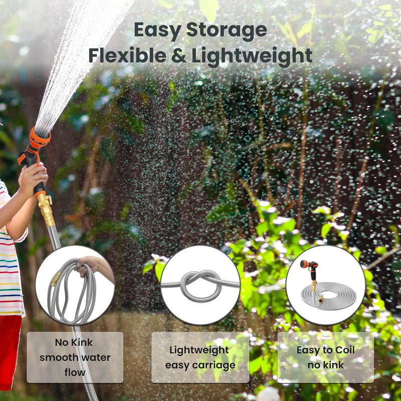 Girafe Tools Garden Hose 25ft x 5/8", 304 Stainless Steel Metal Water Hose, No Kink Garden Water Hose with 9 Pattern Spray Nozzle, Flexible, Lightweight, Kink Free Hose for Yard, Outdoor by GreenHaven Gardens