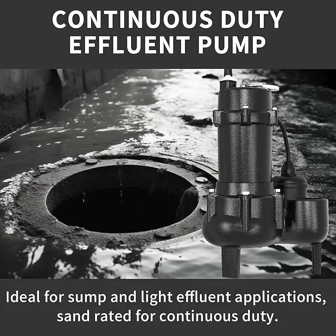 1HP Sewage/Effluent Pump Submersible, 115V 5600 GPH Cast Iron Pump with Automatic Tethered Float Switch, Sump Pump for Sump Basin, Basement, Residential Sewage, 2'' NPT Discharge by GreenHaven Gardens
