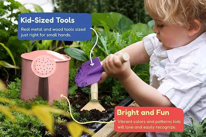 Gardening Set, Tool Kit, for Kids, STEM, Includes Tote Bag, Spade, Watering Can, Rake, Fork, Trowel and Gloves (Princess Pink) by GreenHaven Gardens