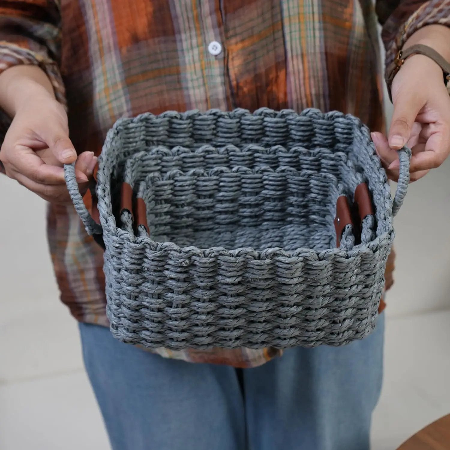 Small baskets for Organizing,Cute woven Storage basket with recycled paper rope for Shelves Bathroom,Little decorative basket,Set of 3 (Dark Grey) by GreenHaven Gardens