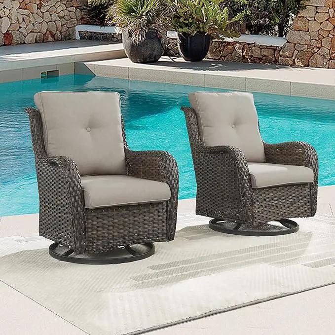 Outdoor Patio Swivel Rocker Chairs - Single Wicker Rattan Patio Swivel Rocking Chair with High Back,Deep Seating and Comfort Cushions for Deck Porch Garden,Brown/Grey by GreenHaven Gardens
