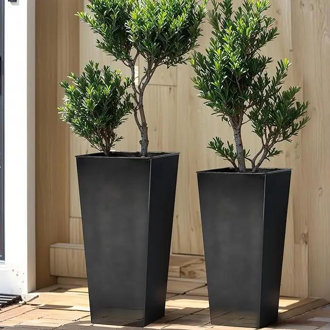 KOL 25'' & 28'' Tall Glazed Planter with Saucer, Set of 2, Galvanized Steel Planter Metal Pots for Indoor & Outdoor Use, Decorative Flower Plant Pots with Drainage Hole for Porch, Patio, Deck - Black by GreenHaven Gardens