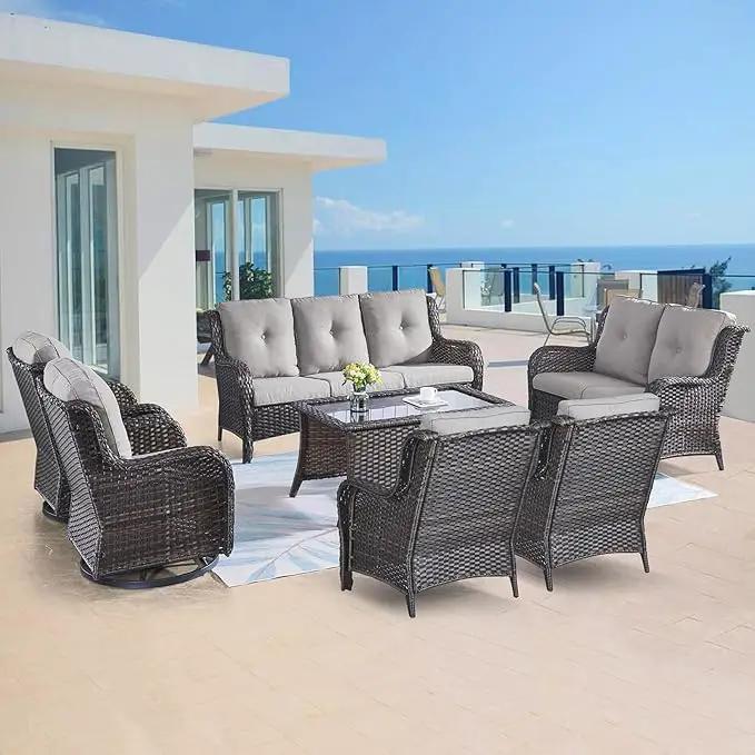 Outdoor Wicker Furniture Patio Set - 7 Piece Backyard Furniture Brown Rattan Conversation Sets with Swivel Rocker Chairs, Rattan Sofa, Club Chairs and Coffee Table, Grey Cushion by GreenHaven Gardens