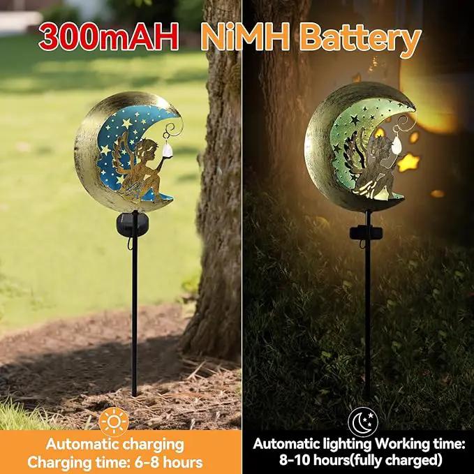 Solar Angel Moon Garden Stake Light – Outdoor Metal Yard Decoration with Crystal Pendant, Waterproof LED Light for Patio, Pathway, Lawn – Rustic Gold & Blue by GreenHaven Gardens