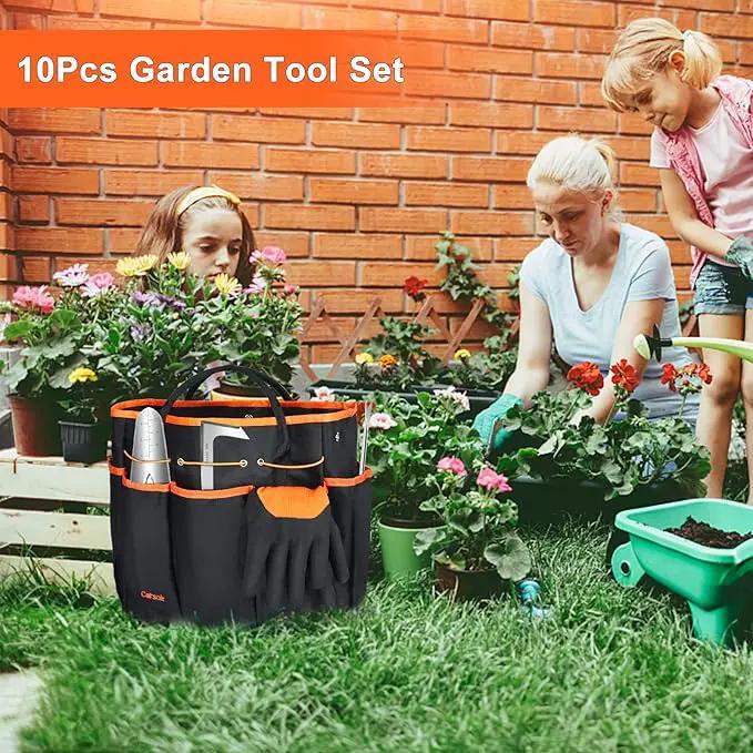 Garden Tools Set, Carsolt 10 Piece Stainless Steel Heavy Duty Gardening Tools Set for Planting Pruning Gardening Kit with Durable Gardening Bag Gloves Gift Box Ideal Garden Gifts for Women Men(Orange) by GreenHaven Gardens