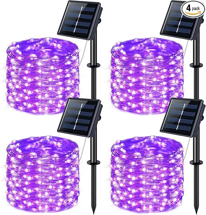 JMEXSUSS 4 Pack Purple Solar String Lights Outdoor Waterproof, 100 LED 33ft Purple Solar Fairy Lights, 8 Modes Copper Wire Christmas Light for Halloween Christmas Garden Yard Tree Decor by GreenHaven Gardens