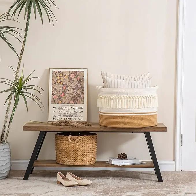 KAKAMAY Large Blanket Basket (20"x13"),Woven Baskets for storage Baby Laundry Hamper, Cotton Rope Blanket Basket for Living Room, Laundry, Nursery, Pillows, Baby Toy chest (White Fringe) by GreenHaven Gardens