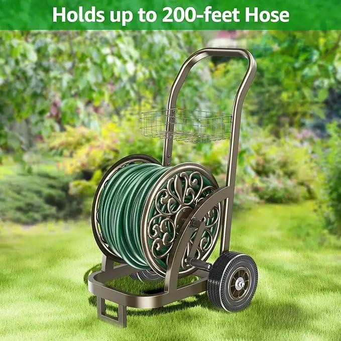 GOFORWILD Garden Hose Reel Cart with Wheel, Hold up to 200 Ft of 5/8" Hose, Heavy Duty Steel Frame Water Hose Reel Cart with Storage Basket, Mobile Hose Reel for Outside Garden Lawn Yard by GreenHaven Gardens
