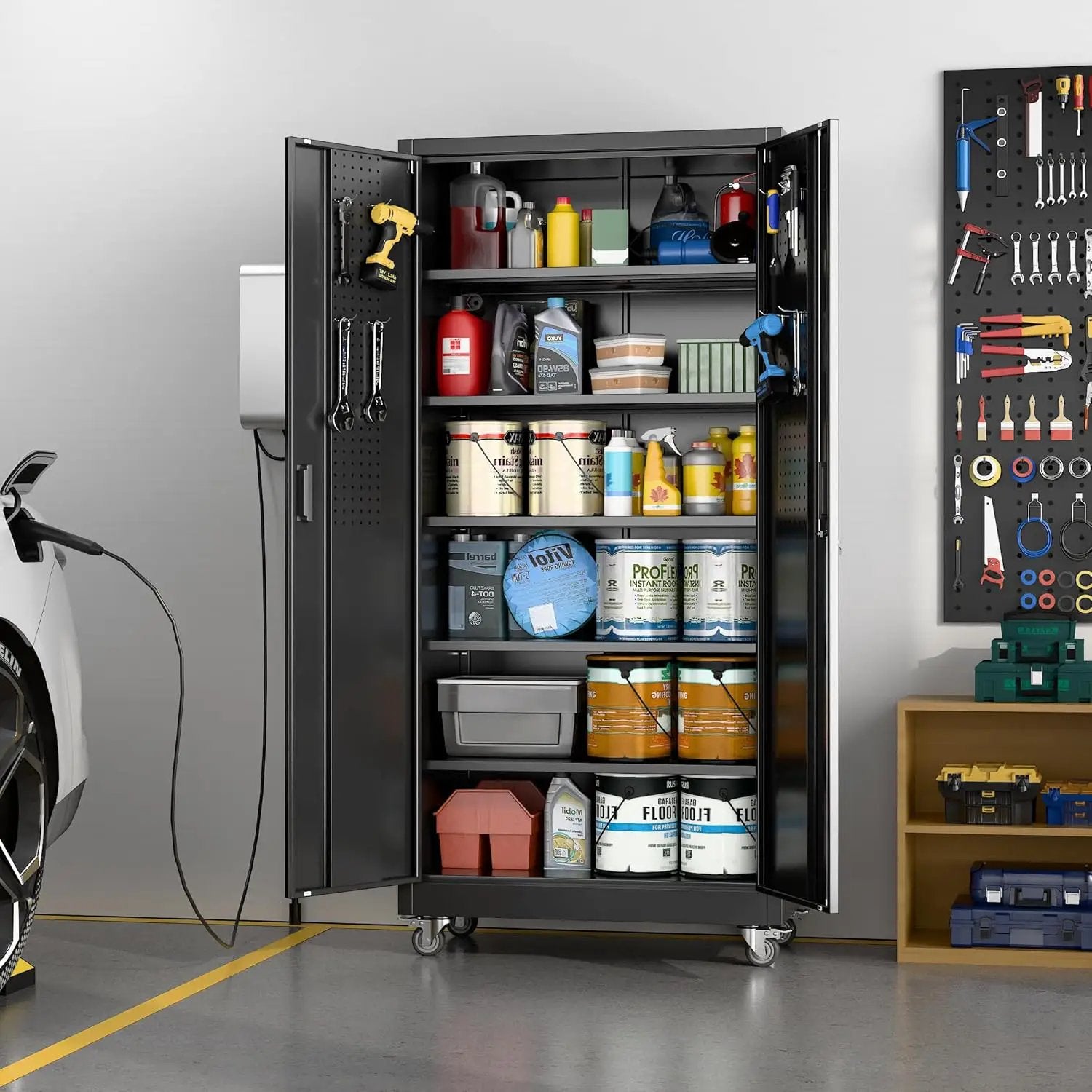 Aobabo 71" H×34" W×18" D Metal Storage Cabinet with Wheels, Locking Steel Storage Cabinet with 4 Hooks, 5 Shelves for Garage, Home Office, School, Assembly Required, Black by GreenHaven Gardens
