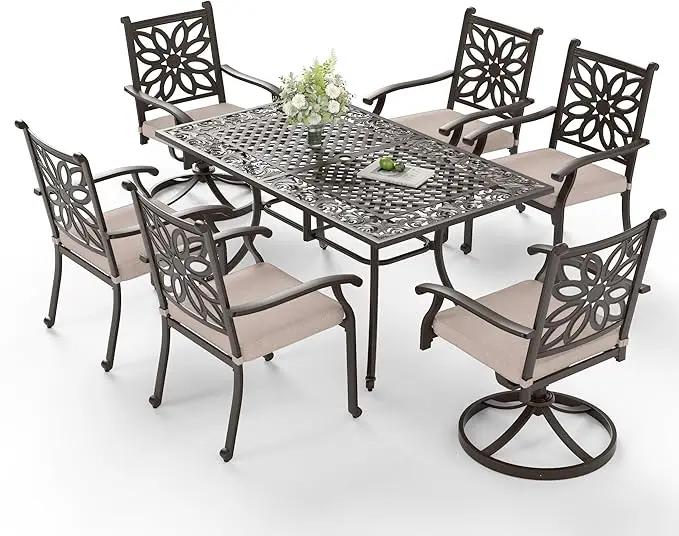 Sophia & William 7 Pieces Cast Aluminium Patio Dining Set for 6 People, Powder-Coating Outdoor Table and 4 Chairs & 2 Swivel Rocking Chairs, Outdoor Patio Table Set with 2.3" Umbrella Hole, Bronze by GreenHaven Gardens