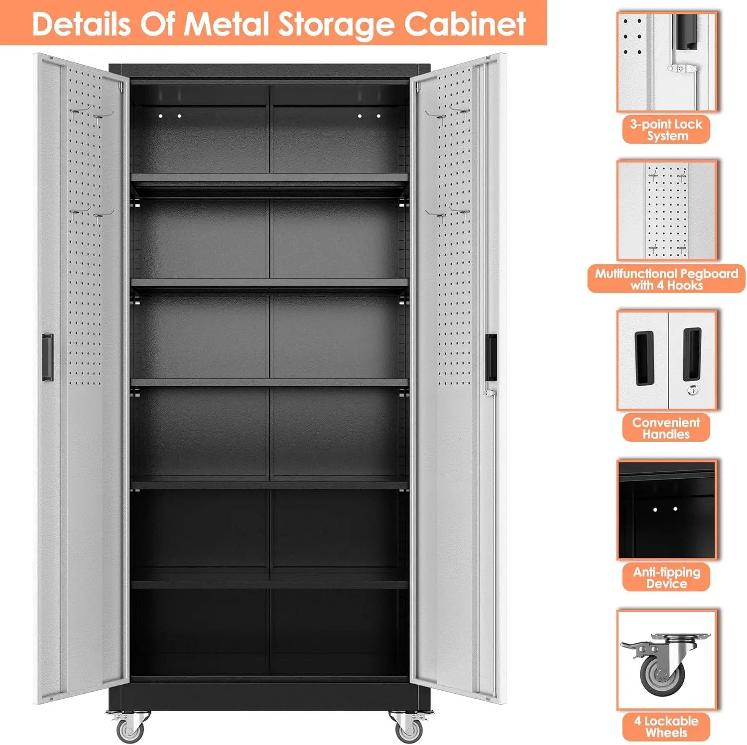 Aobabo 71" H×32" W×16" D Metal Storage Cabinet with Wheels, Garage Steel Storage Cabinet with 5 Adjustable Shelves and 4 Hooks for Home Office,Kitchen, Black Silver,Assembly Required by GreenHaven Gardens