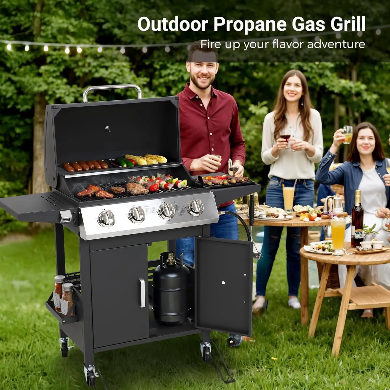 4-Burner Propane Gas Grill, Stainless Steel BBQ with 40,000 BTU, Foldable Side Shelves, Porcelain-Coated Grates, Ideal for Patio & Backyard Cooking (4 Burner) by GreenHaven Gardens