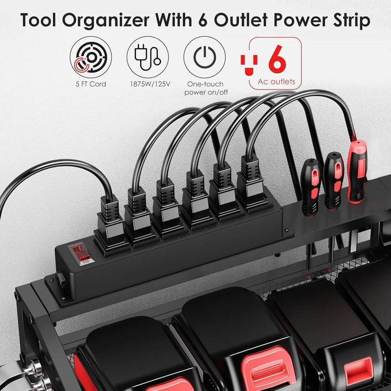 Power Tool Organizer Wall Mount with Charging Station, 3 Layer Storage Rack and Tool Holder for Garage Organization, 8 Drill Holder Wall Mount and 6 Outlet Power Strip by GreenHaven Gardens