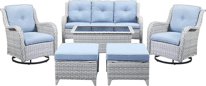 Wicker Outdoor Furniture Patio Furniture Set - 6 Piece Patio Conversation Set with Swivel Rocker Chairs, Rattan Sofa, Ottomans and Coffee Table, Baby Blue Cushion by GreenHaven Gardens