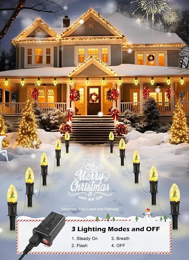 C9 Christmas Pathway Lights Outdoor, 25Ft 20 LED Christmas String Lights with Stakes, 3 Light Modes, Waterproof Connectable Christmas Decorations for Outside Lawn Yard Sidewalk Driveway, Warm White by GreenHaven Gardens