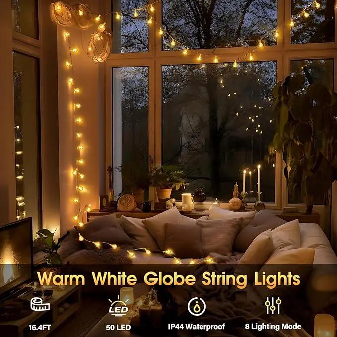 16.4ft 50LED Globe String Lights Indoor Bedroom Battery Operated, Crystal Fairy Lights IP44 Waterproof Outdoor Hanging Decorative Lights for Home Tent Patio Garden Party Wedding Decor by GreenHaven Gardens