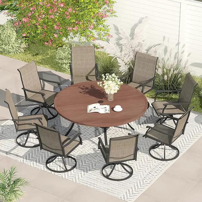 VICLLAX 53" Outdoor Round Patio Table for Lawn Garden, All Weather Metal Round Patio Dining Table with Adjustable Umbrella Hole, Patio Table for 8 Person, Walnut Tabletop by GreenHaven Gardens