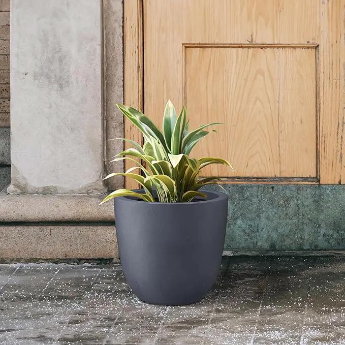 Kante 14 Inch Dia Round Concrete Planter, Indoor Outdoor Large Plant Pot with Drainage Hole and Rubber Plug for Home Patio Garden, Charcoal by GreenHaven Gardens