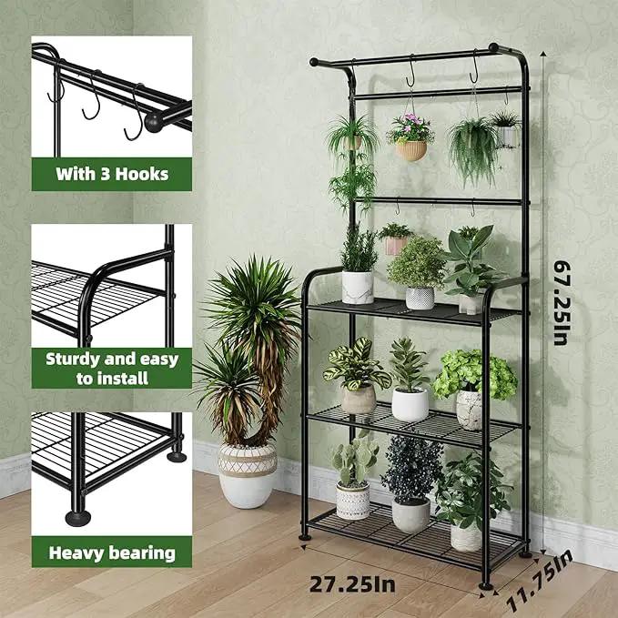 Plant Stand Indoor Outdoor, Heavy Duty Metal 3 Tiered Tall Hanging Plant Shelf for Multiple Flower Planter Holder 67" Large Rack for Living Room Garden Balcony, Black by GreenHaven Gardens