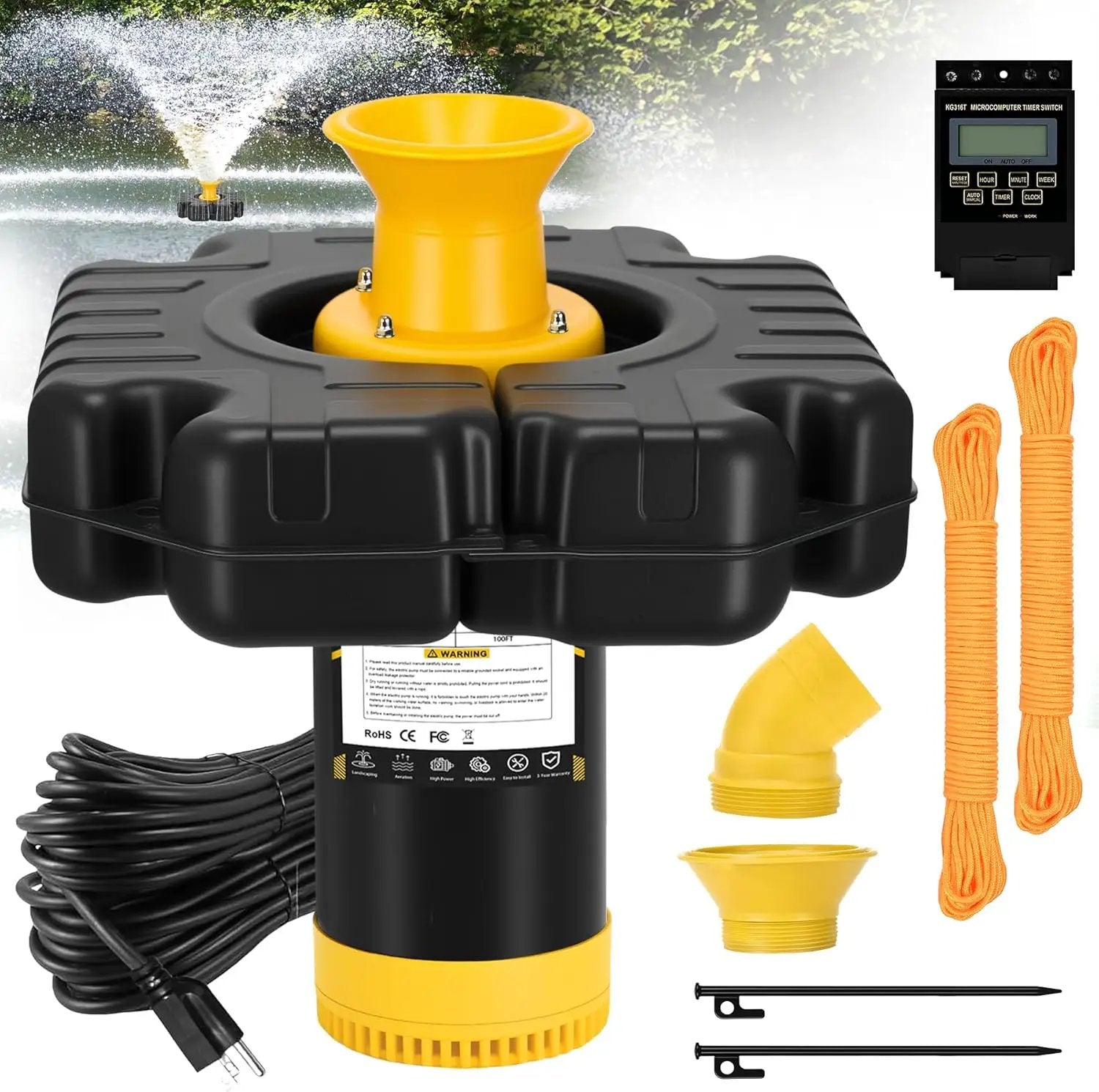 Pond Fountain Aerator, 1HP 15000 GPH Floating Aerating Fountain with Timer & 100FT Rope & Cord, Jet System for Large Outdoor Ponds & Lakes by GreenHaven Gardens