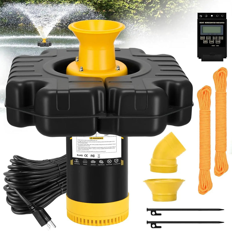 Pond Fountain Aerator, 1HP 15000 GPH Floating Aerating Fountain with Timer & 100FT Rope & Cord, Jet System for Large Outdoor Ponds & Lakes by GreenHaven Gardens