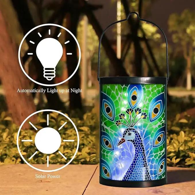 Hanging Solar Lantern Outdoor Waterproof Peacock Solar Lights Glass Tabletop Decorative Lamp for Outdoor Patio Garden Outside Yard Decor by GreenHaven Gardens