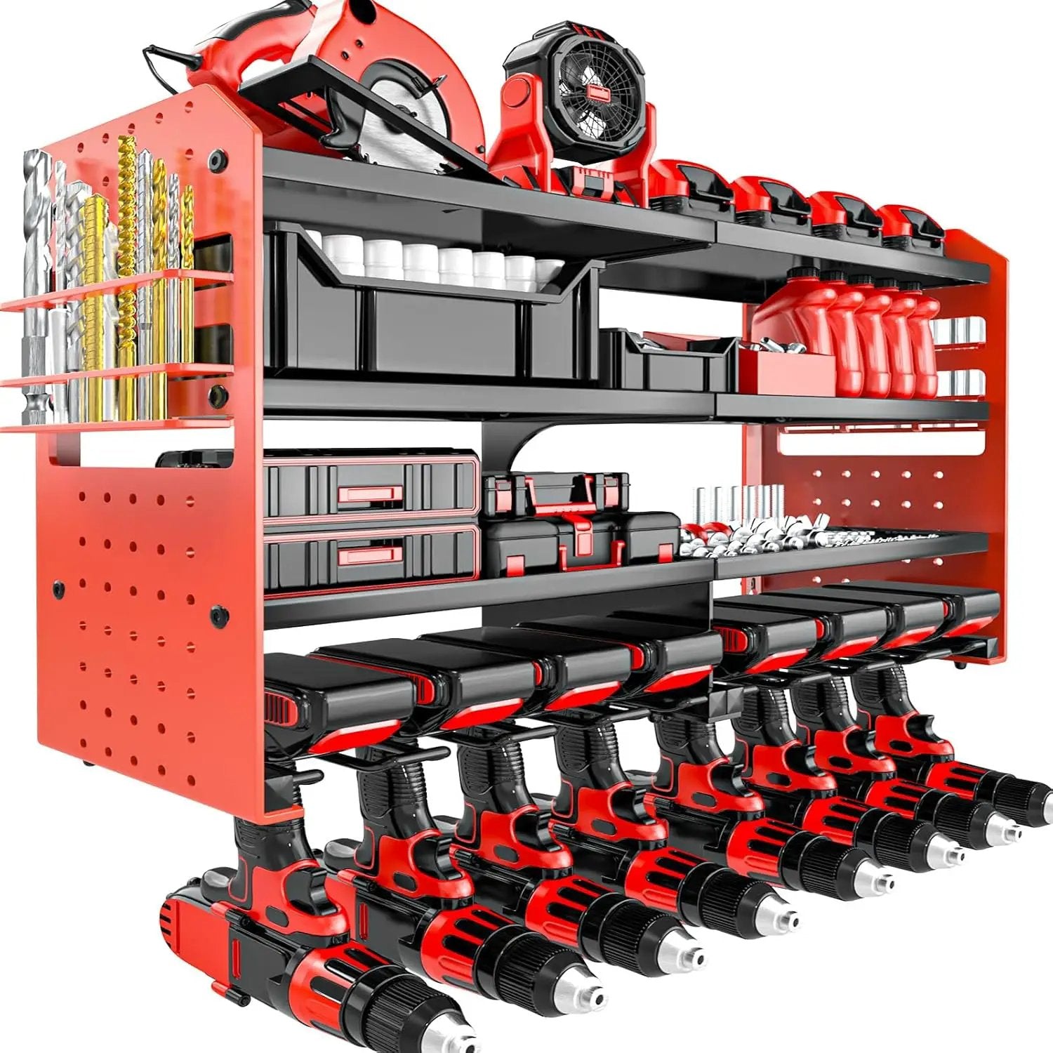 Metal Power Tool Organizer Rack Wall Mount, Garage Tool Drill Storage Shelves with Screwdriver Plier Holder (Red, 8 Drills Holder) by GreenHaven Gardens