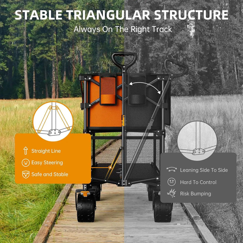Foldable 50''L Extra Long Double Decker Wagon for Sport, 400L Collapsible Heavy Duty Wagon Cart with Big Wheels, Utility All-Terrain Large Extender Cart for Outdoors, Orange by GreenHaven Gardens