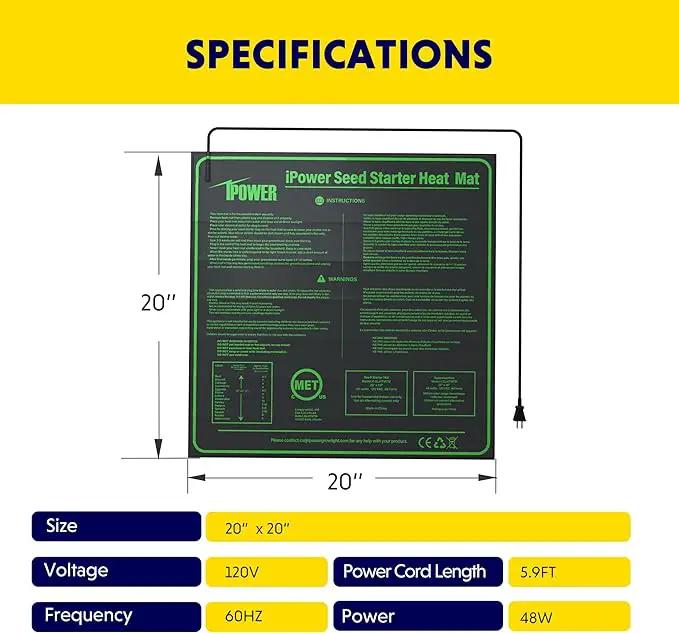 iPower Durable Seedling Heat Mat Warm 20" x 20" Hydroponic Heating Pad Waterproof for Seed Starting Greenhouse and Germination by GreenHaven Gardens