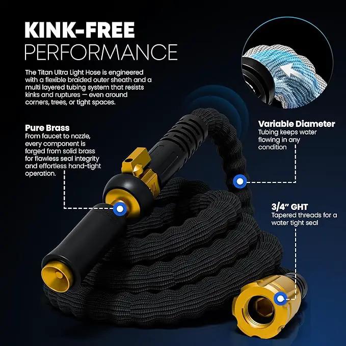 TITAN Flexible Garden Hose 65FT – Ultra Lightweight, Heavy Duty Water Hose with Brass Fittings & Jet Nozzle – Kink-Free, Non-Expanding, Durable Fabric Hose for Yard, Lawn, Car Wash, Outdoor Use by GreenHaven Gardens