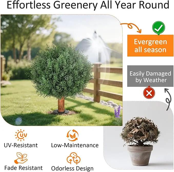 Artificial Cedar Topiary Ball Trees with Ground Spike, 24.6 inche Tall UV-Resistant Fake Outdoor Plants Evergreen Shrubs, Realistic Faux Pine Bushes for Front Porch Home Patio Garden, Set of 4 by GreenHaven Gardens