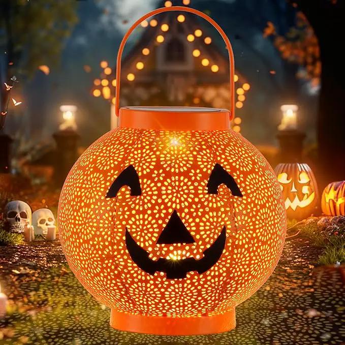 Halloween Decoration Hanging Solar Lantern Outdoor - Solar Powered Pumpkin Led Jack-O Lights, Waterproof Halloween Decor Metal Round Lantern for Yard, Patio, Pathway, Porch, Lawn, Garden, Outside by GreenHaven Gardens