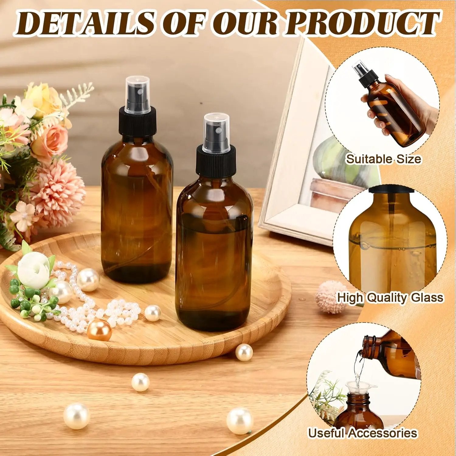Norme 12 Pcs 8 oz Glass Spray Bottles with Funnels and Labels Refillable Cosmetic Empty Spray Bottles with Sprayer Containers for Essential Oil Cleaning Solutions(Amber,Stylish) by GreenHaven Gardens