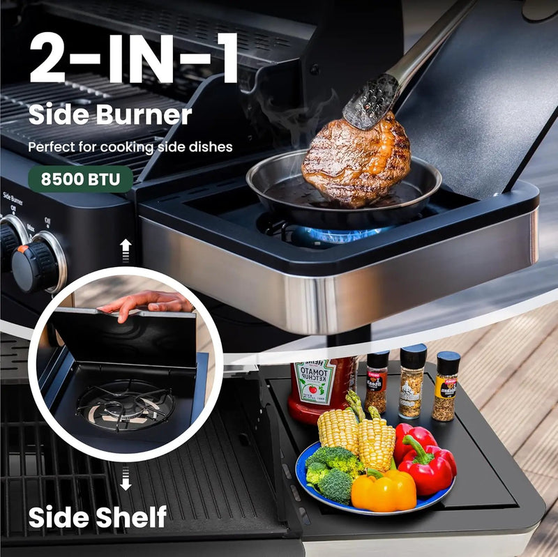 2 in 1 Propane Gas BBQ Grill with Side Burner & Porcelain-Enameled Cast Iron Grate, 4-Burner Flat Top Griddle, 46,700 BTU Outdoor Barbecue Propane Griddle Grill Combo for Camping, Patio, Backyard by GreenHaven Gardens