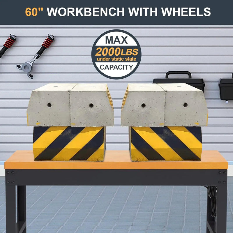 HABUTWAY Height Adjustable Workbench with Wheels 60" 2000 Lbs Capacity Solid Wood Work Station Heavy-Duty Rolling Work Tables for Garage Party Shop Office by GreenHaven Gardens